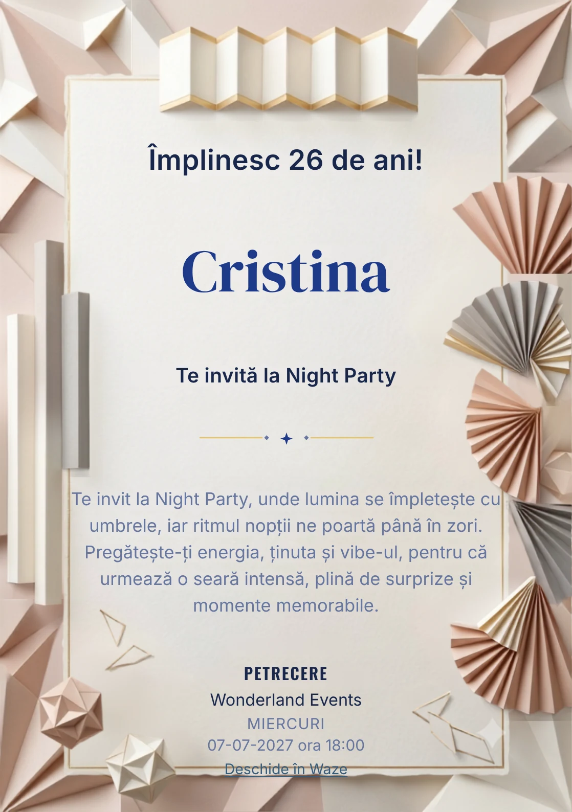 Hârtie Plisată este un model de invitații digitale pentru o aniversare adultă, definit vizual de evantaie abstracte și pliuri.