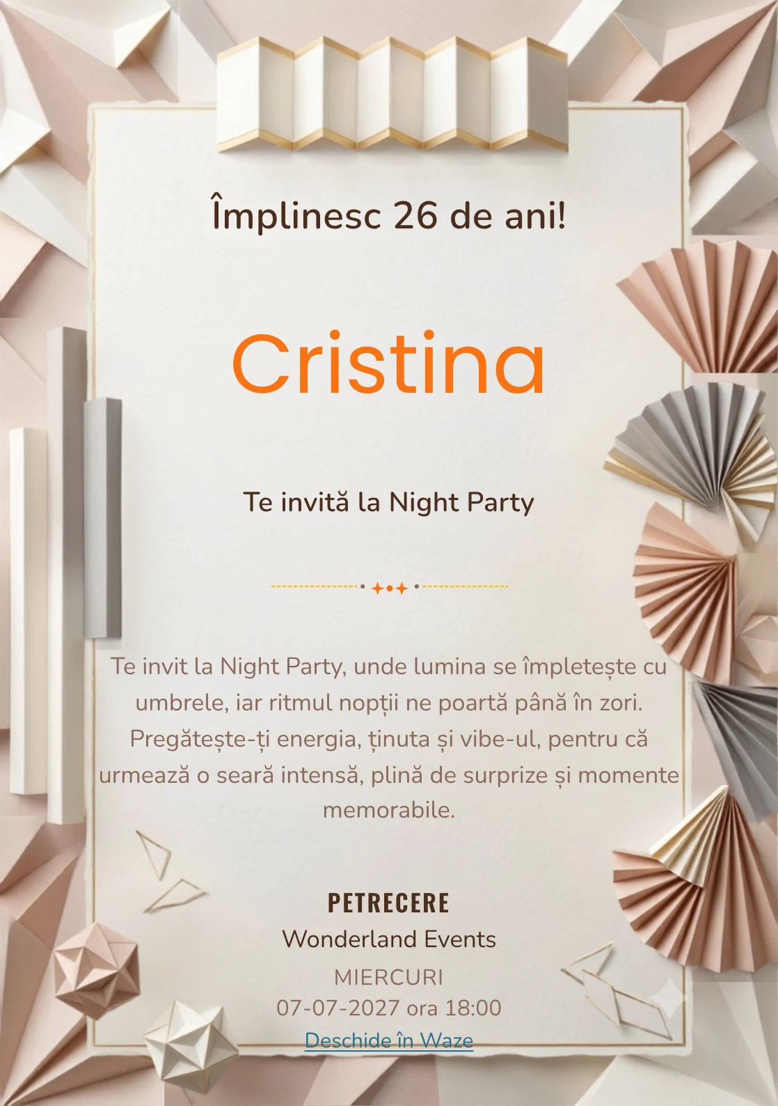 Hârtie Plisată este un model de invitații digitale pentru o aniversare adultă, definit vizual de evantaie abstracte și pliuri.