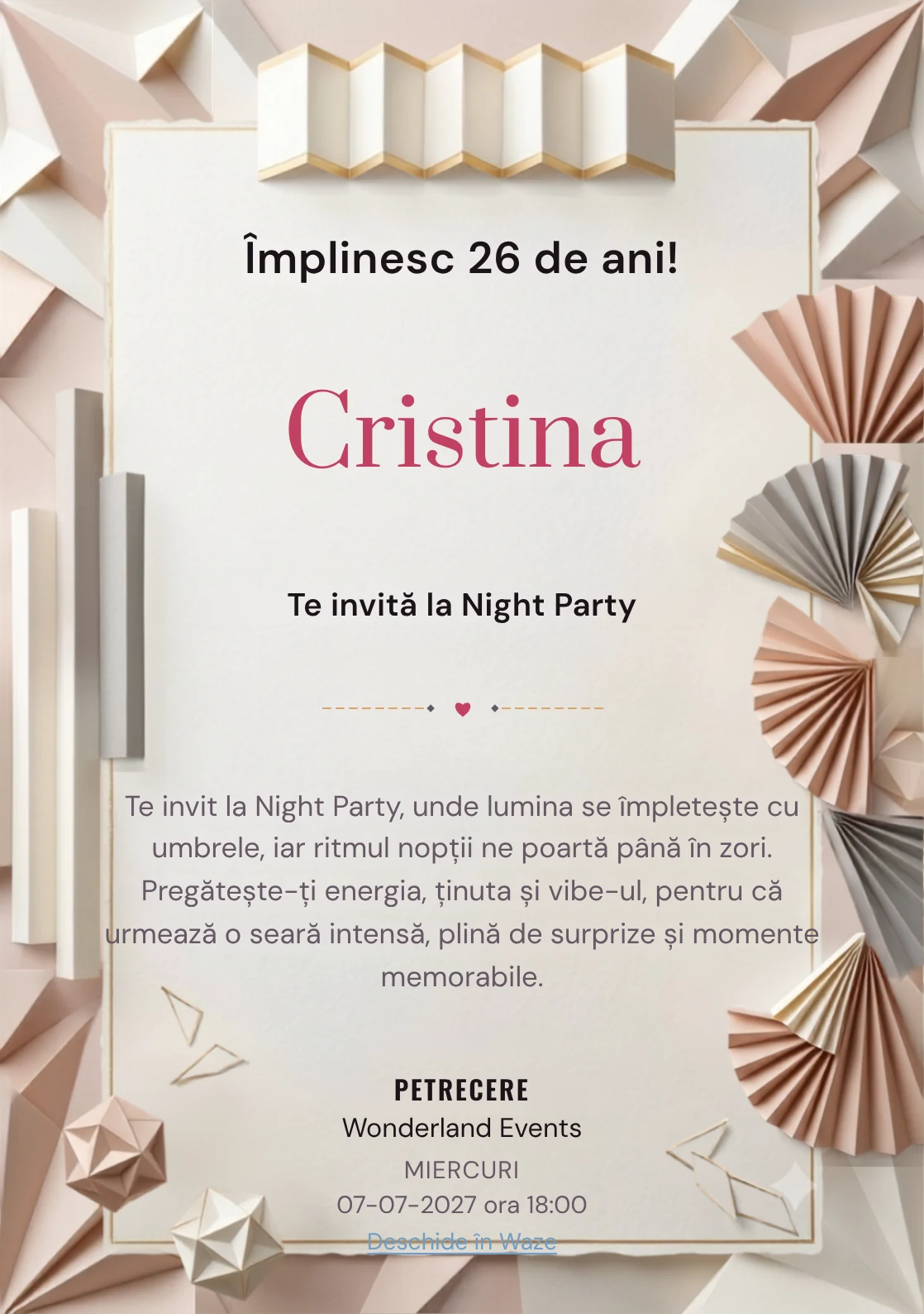 Hârtie Plisată este un model de invitații digitale pentru o aniversare adultă, definit vizual de evantaie abstracte și pliuri.
