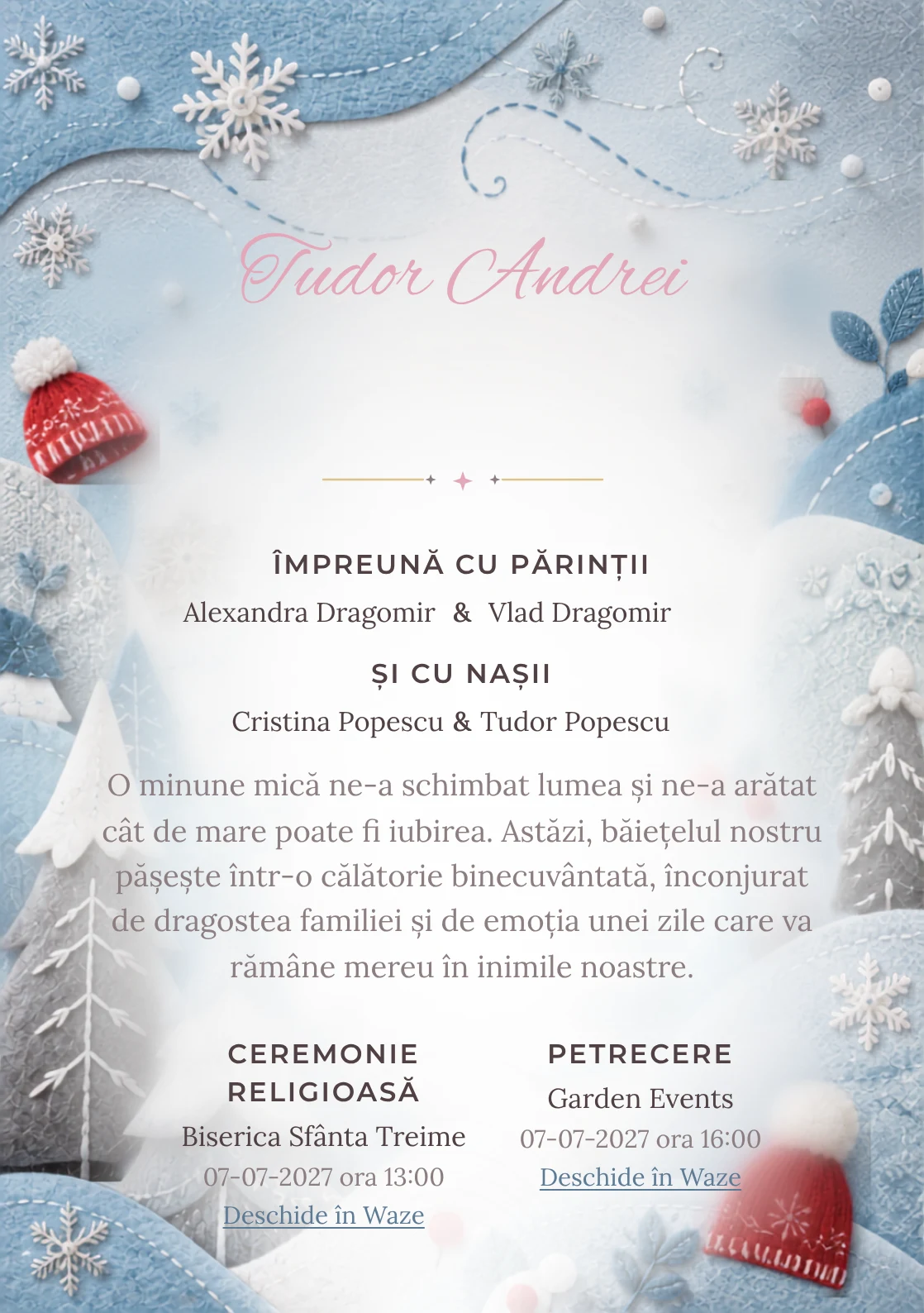 Designul Iarnă Nordică, pentru o invitație de botez, reunește brazi și dealuri construite din forme textile cu fulgi, căciuli și linii de vânt.