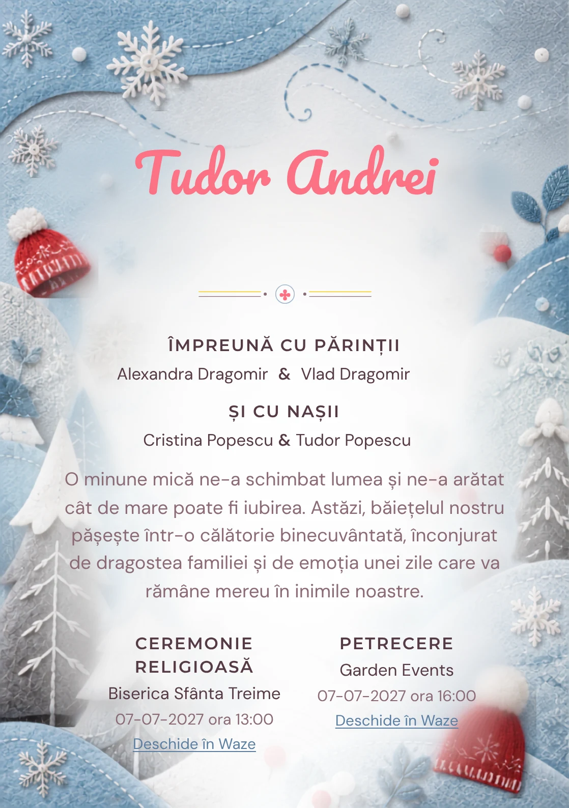Designul Iarnă Nordică, pentru o invitație de botez, reunește brazi și dealuri construite din forme textile cu fulgi, căciuli și linii de vânt.