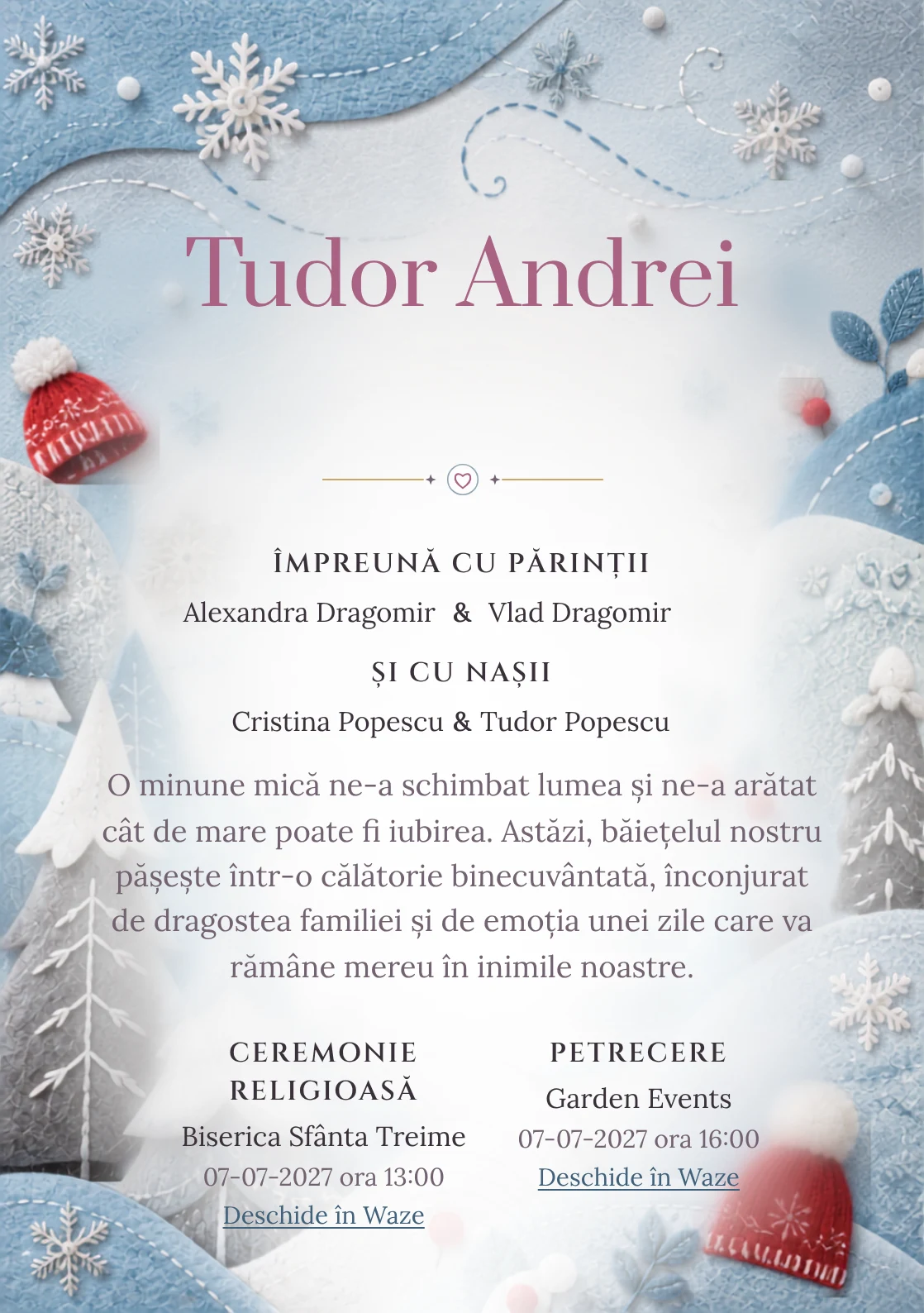 Designul Iarnă Nordică, pentru o invitație de botez, reunește brazi și dealuri construite din forme textile cu fulgi, căciuli și linii de vânt.