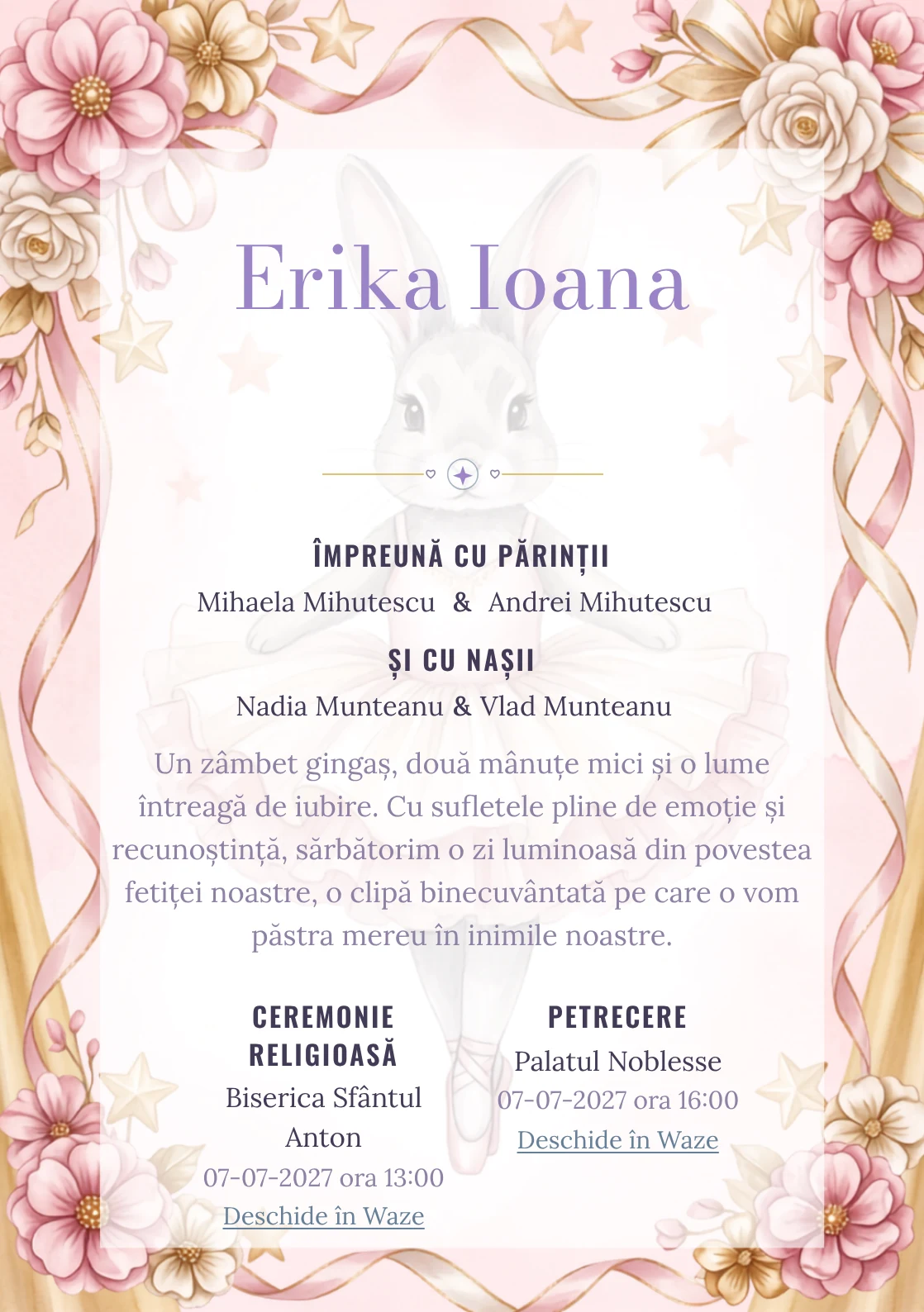 Compoziția Iepuraș Balerină, din gama de invitații botez fetiță, pune accent pe un iepuraș balerină cu tutu amplu și include panglici, stele de scenă și flori textile.