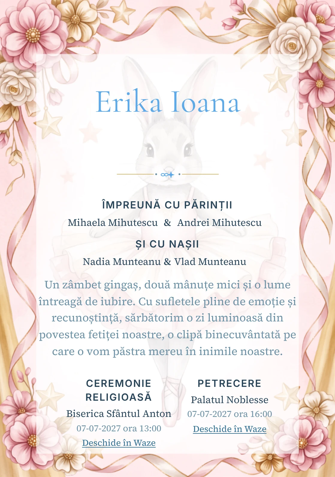 Compoziția Iepuraș Balerină, din gama de invitații botez fetiță, pune accent pe un iepuraș balerină cu tutu amplu și include panglici, stele de scenă și flori textile.