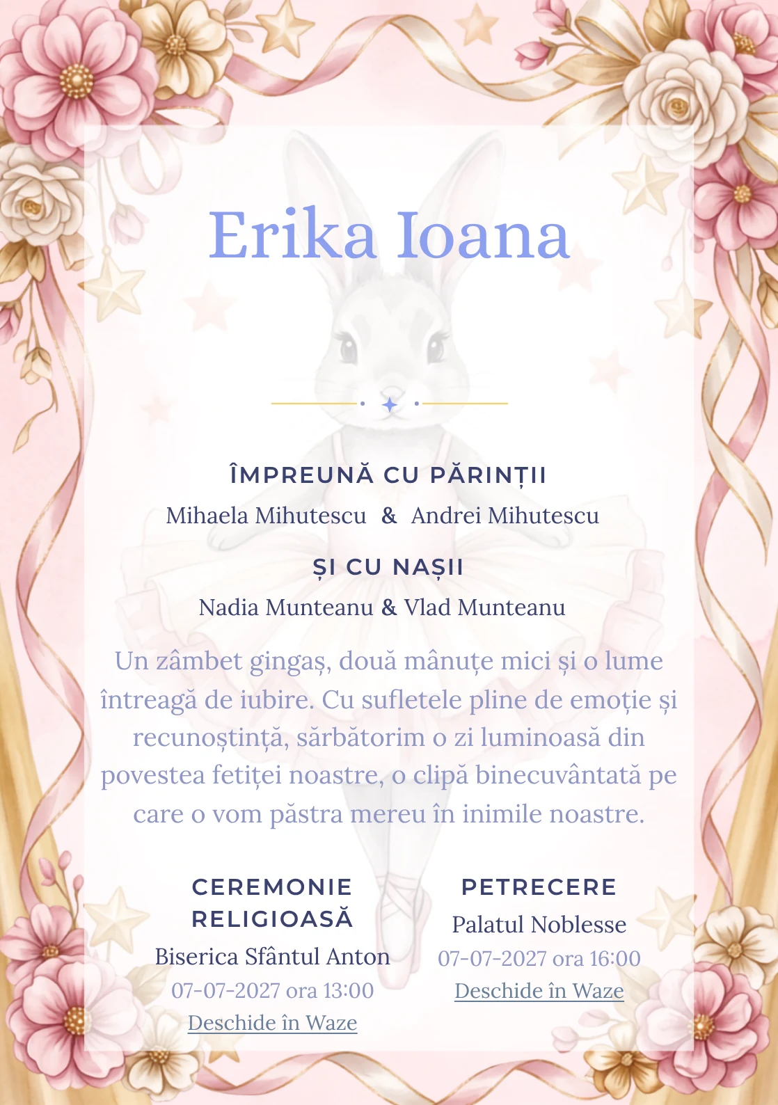 Compoziția Iepuraș Balerină, din gama de invitații botez fetiță, pune accent pe un iepuraș balerină cu tutu amplu și include panglici, stele de scenă și flori textile.