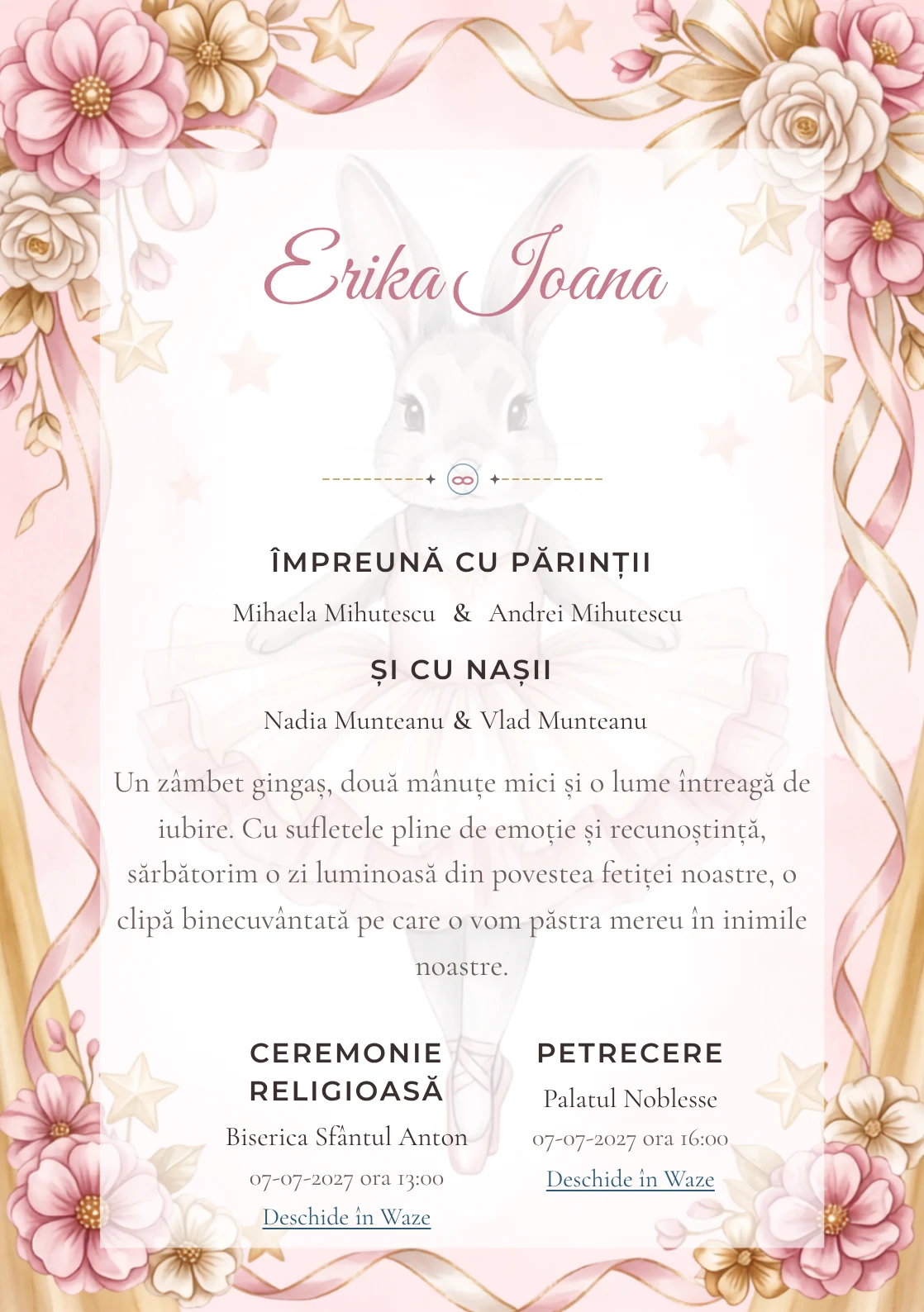 Compoziția Iepuraș Balerină, din gama de invitații botez fetiță, pune accent pe un iepuraș balerină cu tutu amplu și include panglici, stele de scenă și flori textile.