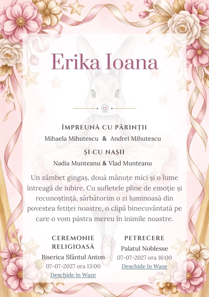 Compoziția Iepuraș Balerină, din gama de invitații botez fetiță, pune accent pe un iepuraș balerină cu tutu amplu și include panglici, stele de scenă și flori textile.
