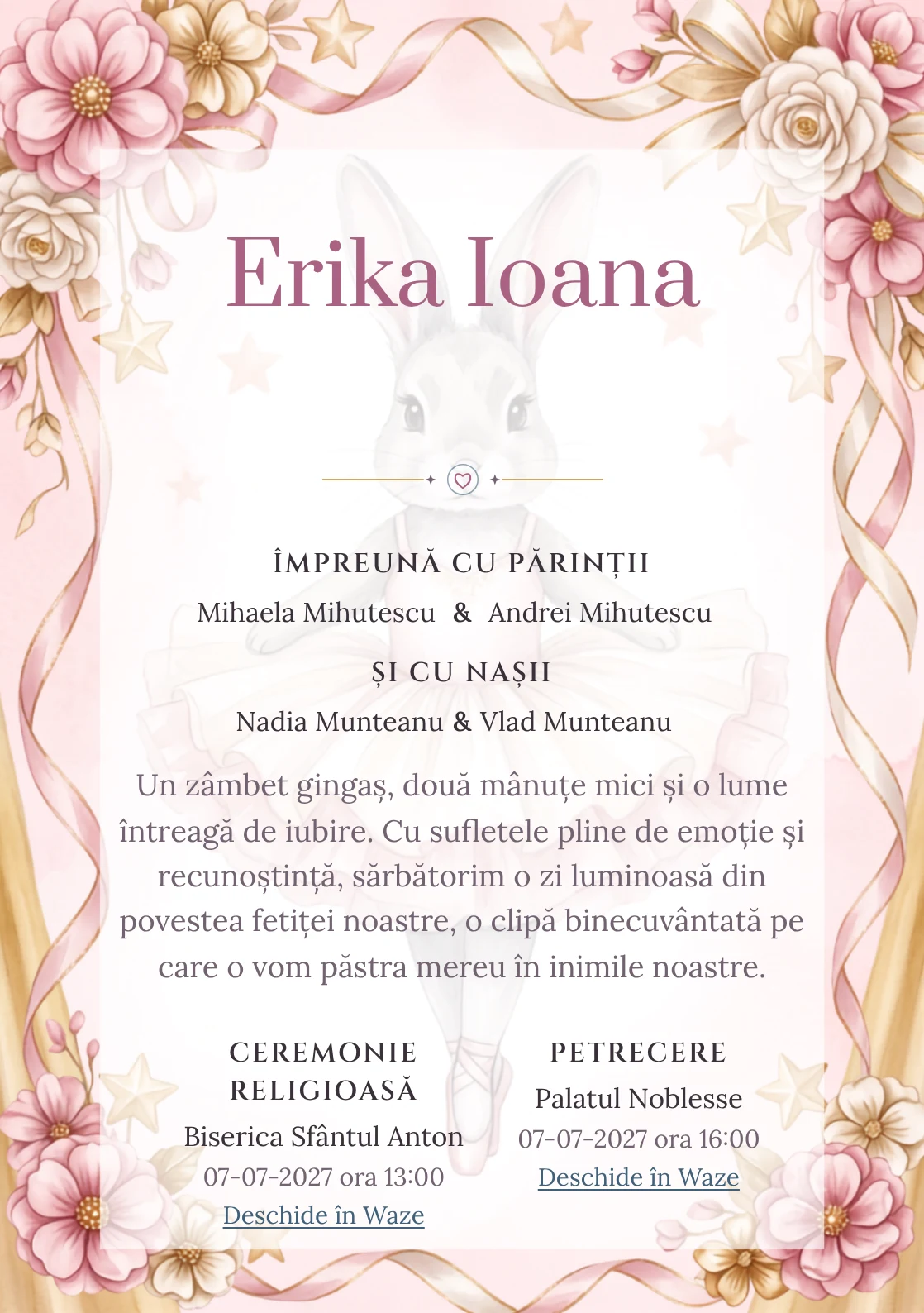 Compoziția Iepuraș Balerină, din gama de invitații botez fetiță, pune accent pe un iepuraș balerină cu tutu amplu și include panglici, stele de scenă și flori textile.
