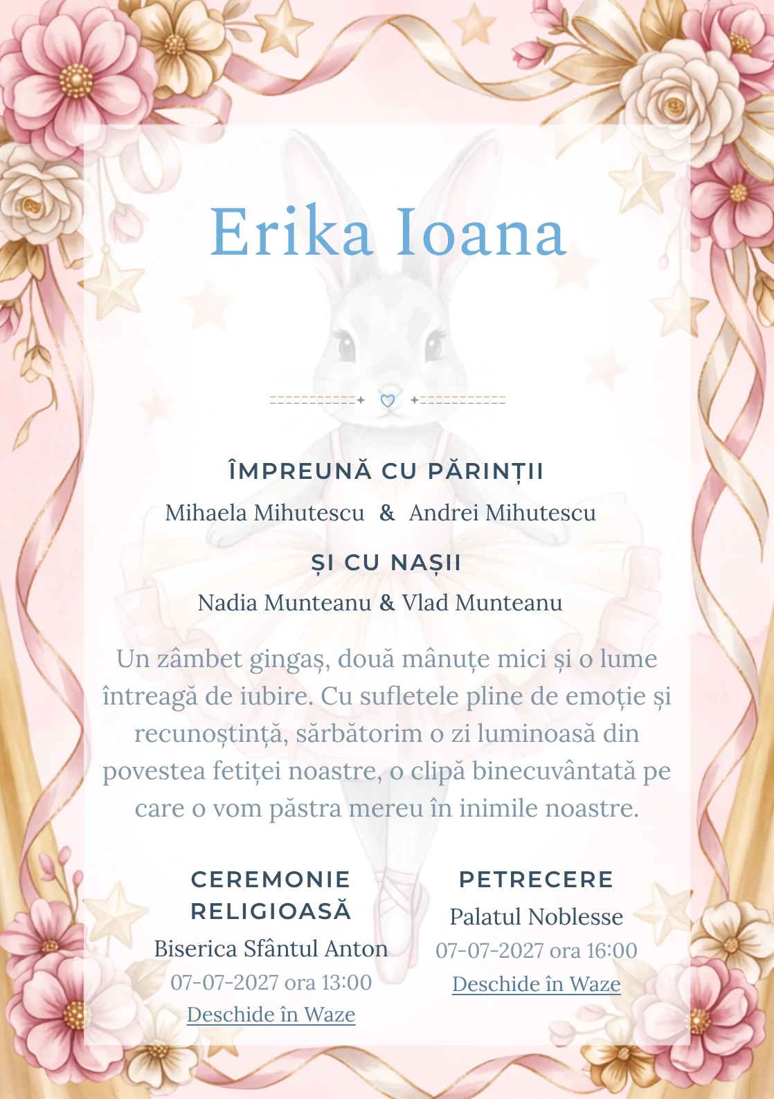 Compoziția Iepuraș Balerină, din gama de invitații botez fetiță, pune accent pe un iepuraș balerină cu tutu amplu și include panglici, stele de scenă și flori textile.