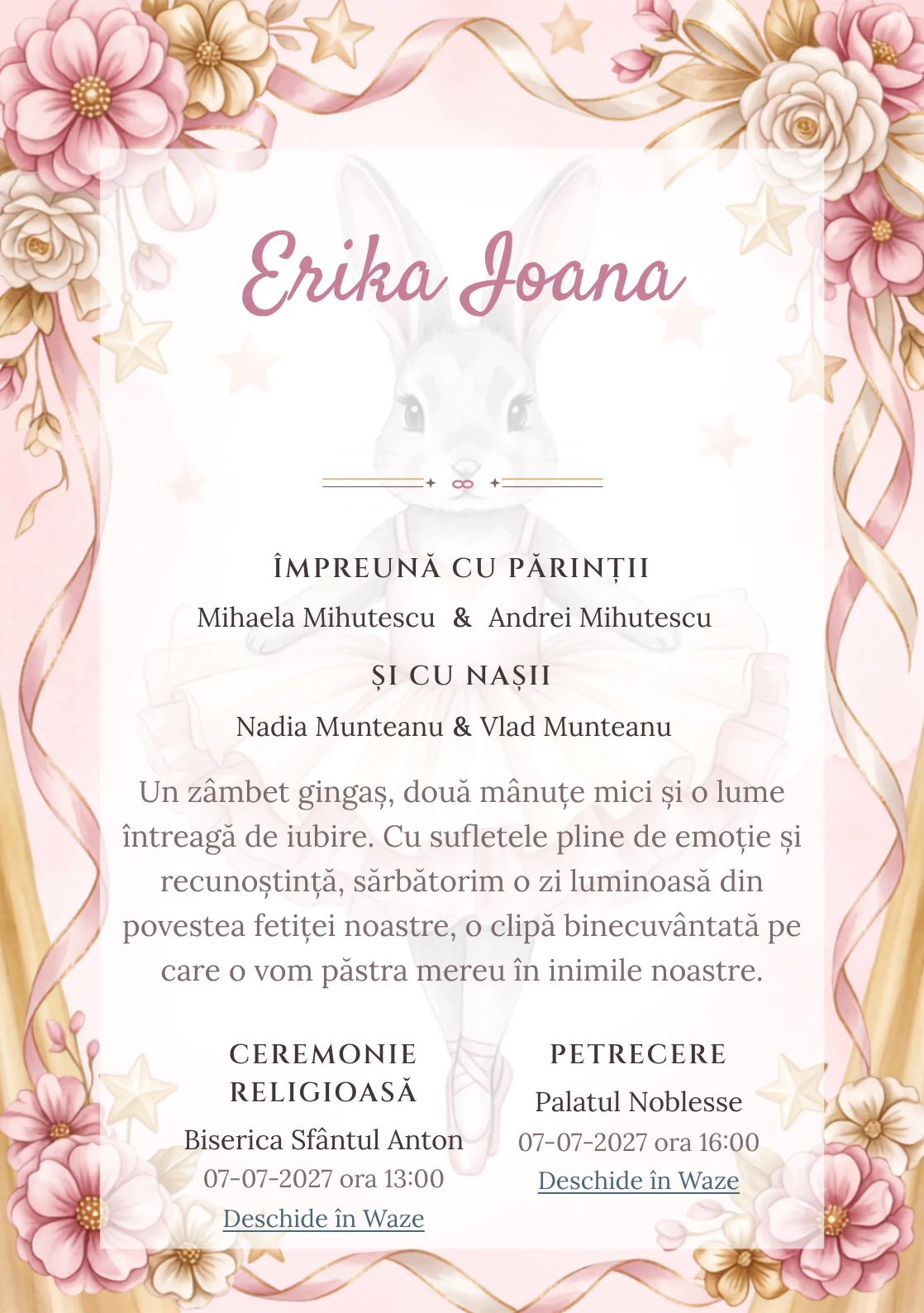 Compoziția Iepuraș Balerină, din gama de invitații botez fetiță, pune accent pe un iepuraș balerină cu tutu amplu și include panglici, stele de scenă și flori textile.