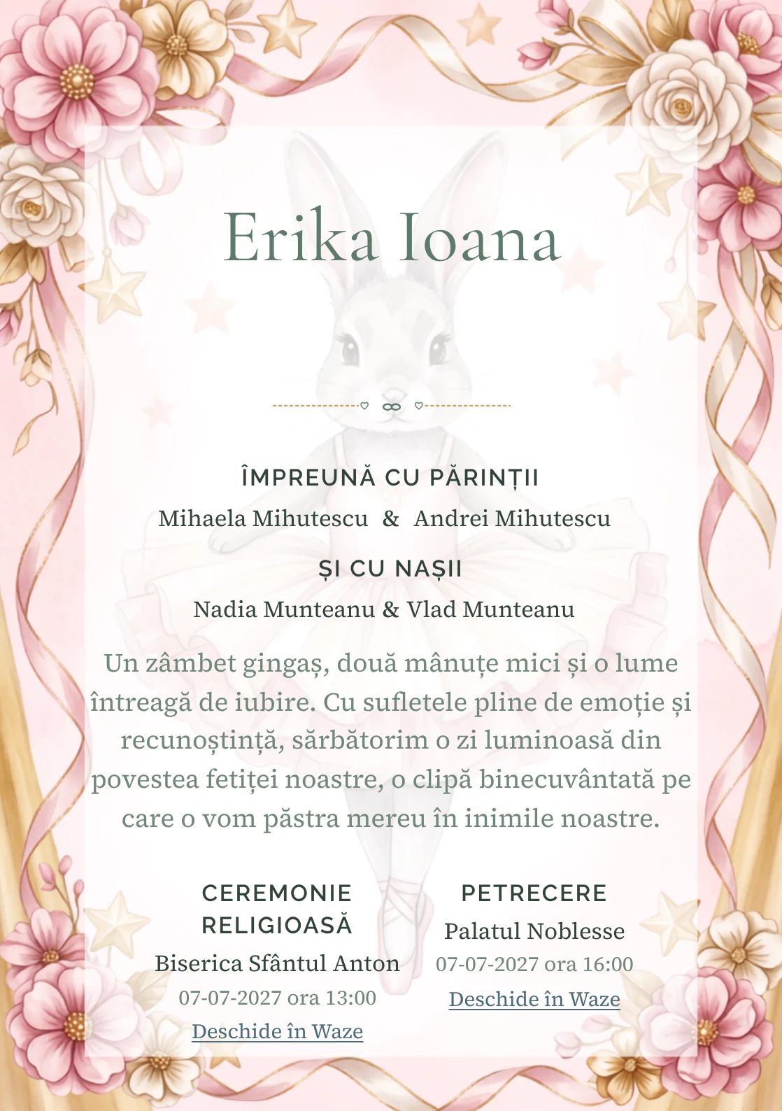 Compoziția Iepuraș Balerină, din gama de invitații botez fetiță, pune accent pe un iepuraș balerină cu tutu amplu și include panglici, stele de scenă și flori textile.