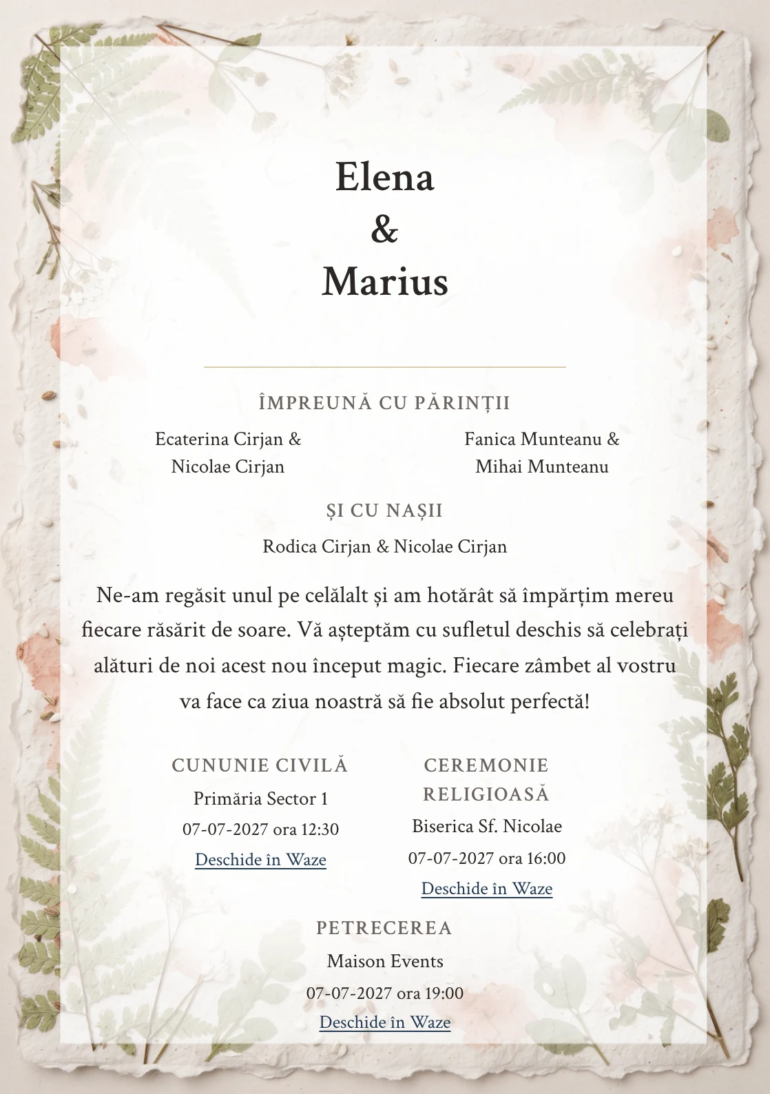Designul Ierbar Artizanal, în colecția de invitații nuntă, combină coală de hârtie cu margini deckle cu o cromatică de hârtie ovăz, verde ferigă pal și alb semințe.