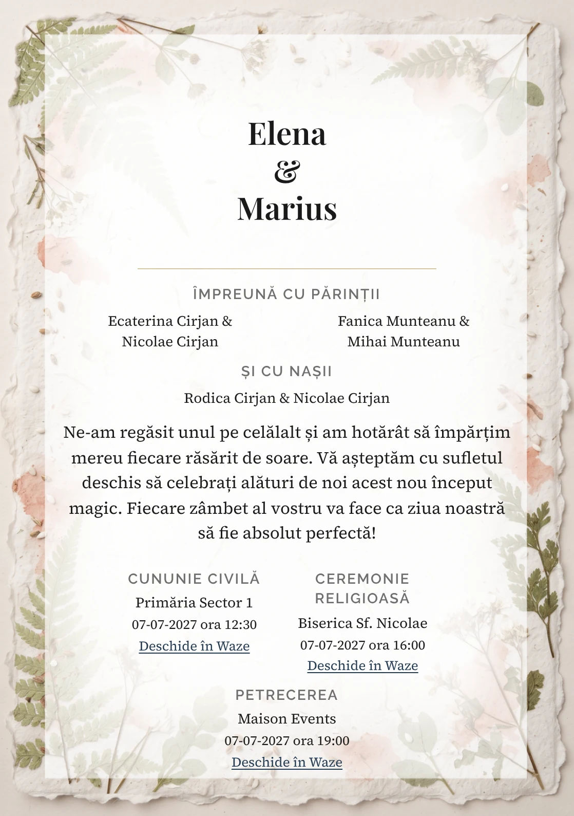 Designul Ierbar Artizanal, în colecția de invitații nuntă, combină coală de hârtie cu margini deckle cu o cromatică de hârtie ovăz, verde ferigă pal și alb semințe.