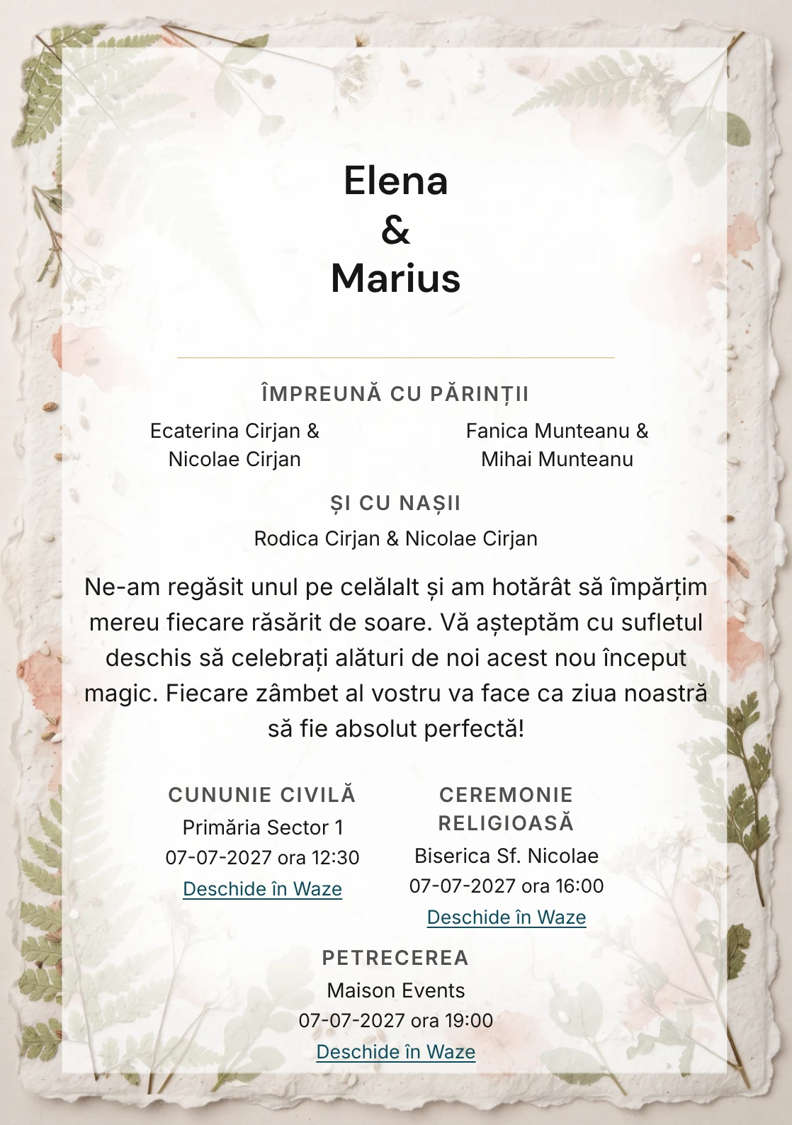 Designul Ierbar Artizanal, în colecția de invitații nuntă, combină coală de hârtie cu margini deckle cu o cromatică de hârtie ovăz, verde ferigă pal și alb semințe.