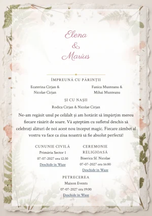 Designul Ierbar Artizanal, în colecția de invitații nuntă, combină coală de hârtie cu margini deckle cu o cromatică de hârtie ovăz, verde ferigă pal și alb semințe.