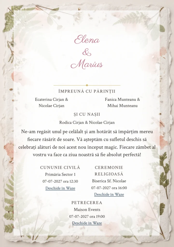 Designul Ierbar Artizanal, în colecția de invitații nuntă, combină coală de hârtie cu margini deckle cu o cromatică de hârtie ovăz, verde ferigă pal și alb semințe.