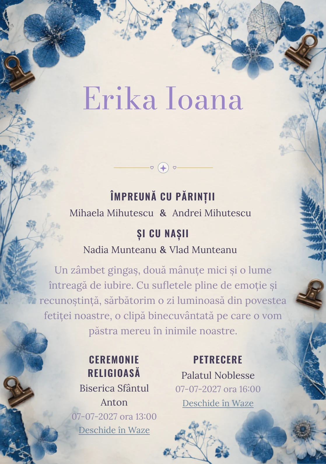 Ierbar Cianotip, din gama de invitații botez, combină un ierbar albastru realizat prin cianotip cu flori presate, cleme și fibre de hârtie, într-o imagine coerentă de botez.