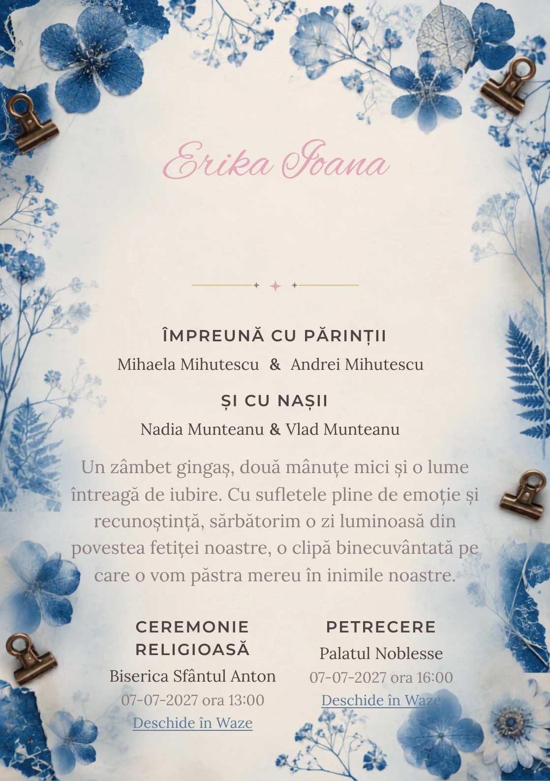 Ierbar Cianotip, din gama de invitații botez, combină un ierbar albastru realizat prin cianotip cu flori presate, cleme și fibre de hârtie, într-o imagine coerentă de botez.
