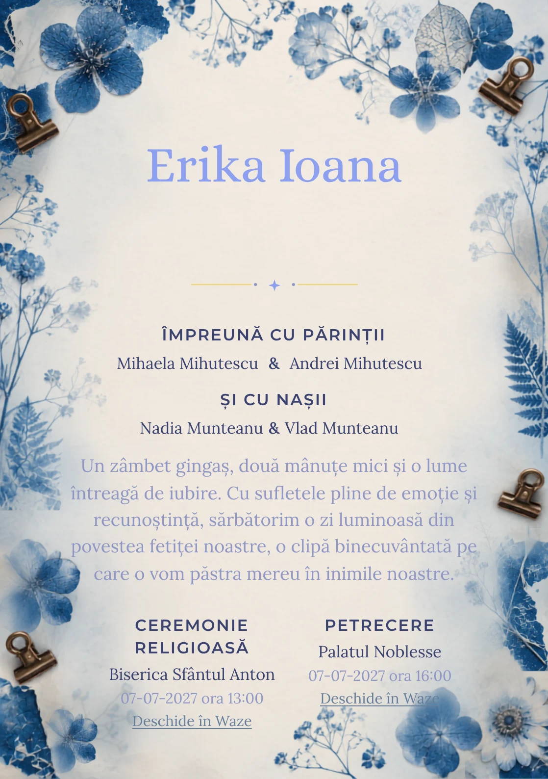 Ierbar Cianotip, din gama de invitații botez, combină un ierbar albastru realizat prin cianotip cu flori presate, cleme și fibre de hârtie, într-o imagine coerentă de botez.
