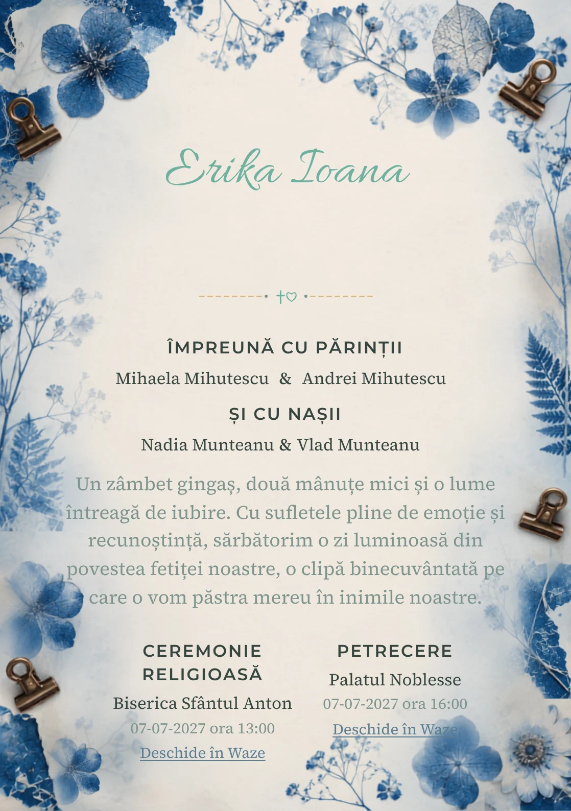 Ierbar Cianotip, din gama de invitații botez, combină un ierbar albastru realizat prin cianotip cu flori presate, cleme și fibre de hârtie, într-o imagine coerentă de botez.