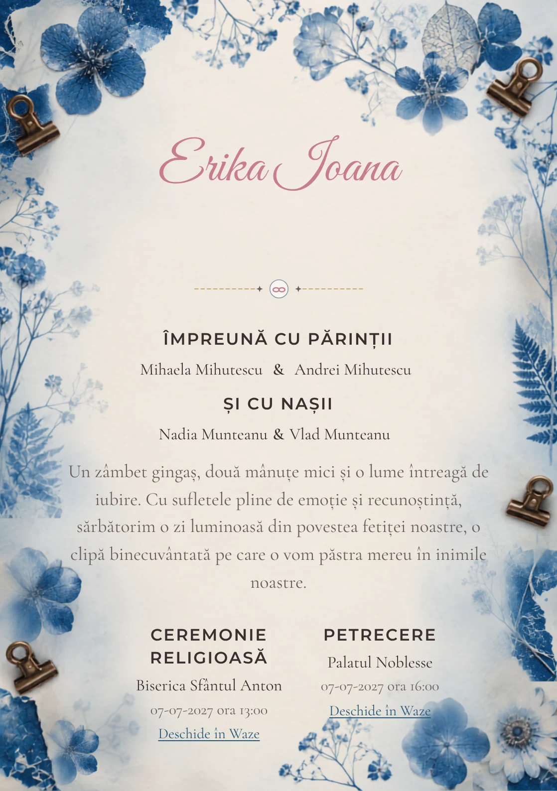 Ierbar Cianotip, din gama de invitații botez, combină un ierbar albastru realizat prin cianotip cu flori presate, cleme și fibre de hârtie, într-o imagine coerentă de botez.