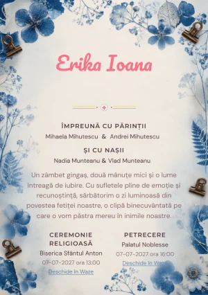 Ierbar Cianotip, din gama de invitații botez, combină un ierbar albastru realizat prin cianotip cu flori presate, cleme și fibre de hârtie, într-o imagine coerentă de botez.