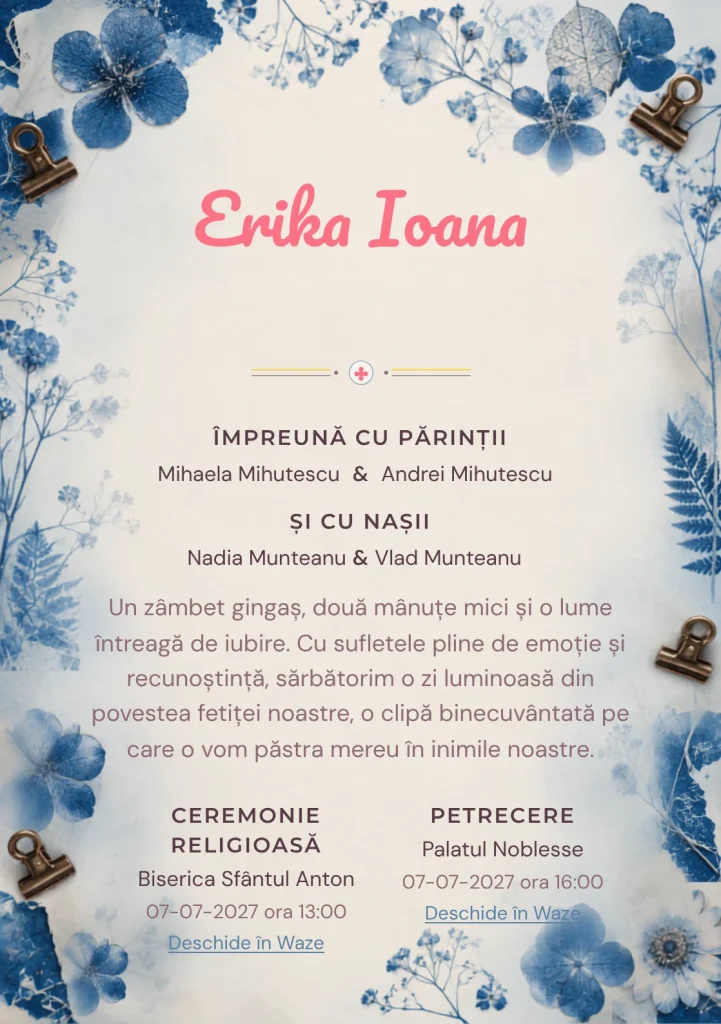 Ierbar Cianotip, din gama de invitații botez, combină un ierbar albastru realizat prin cianotip cu flori presate, cleme și fibre de hârtie, într-o imagine coerentă de botez.