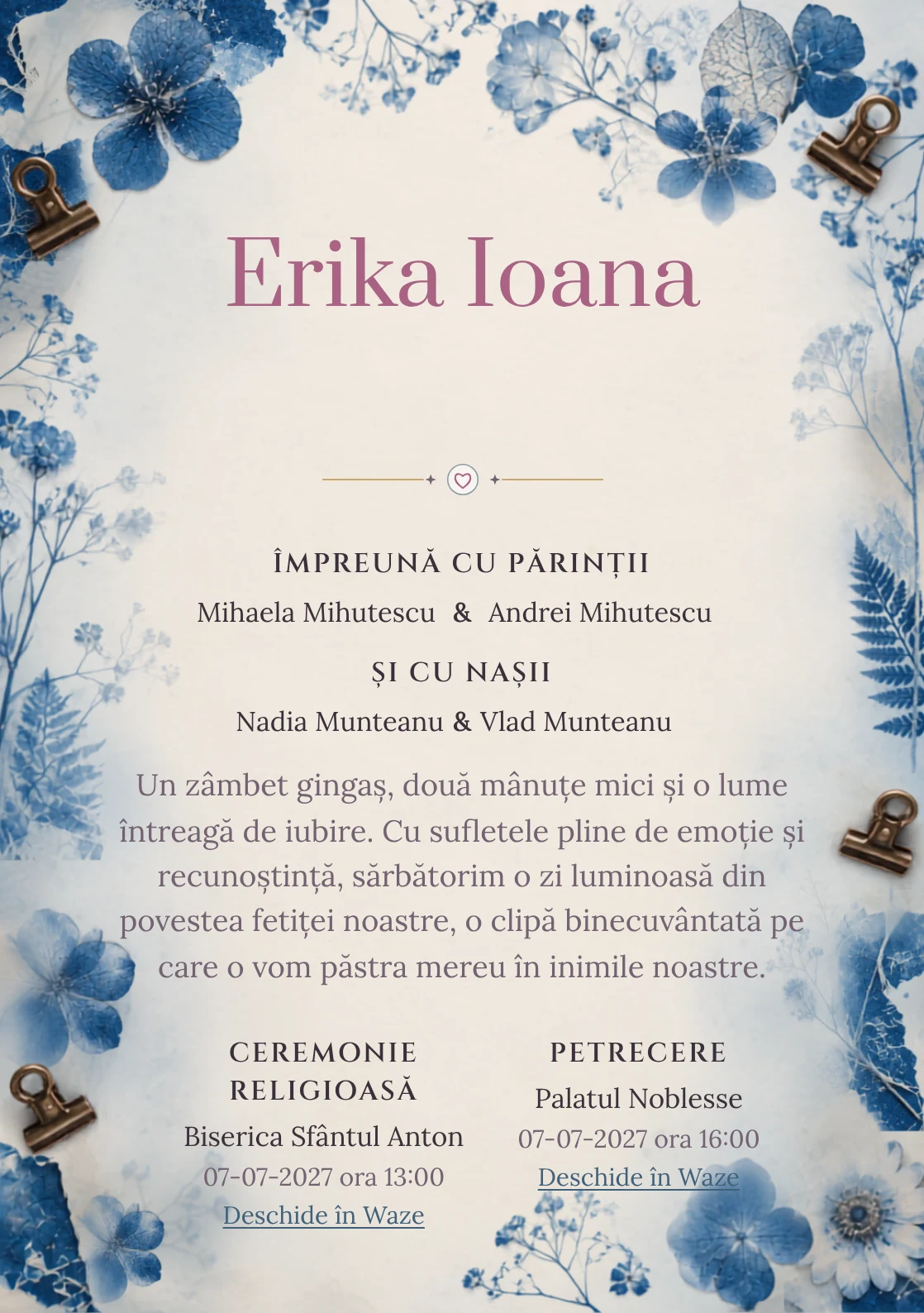 Ierbar Cianotip, din gama de invitații botez, combină un ierbar albastru realizat prin cianotip cu flori presate, cleme și fibre de hârtie, într-o imagine coerentă de botez.