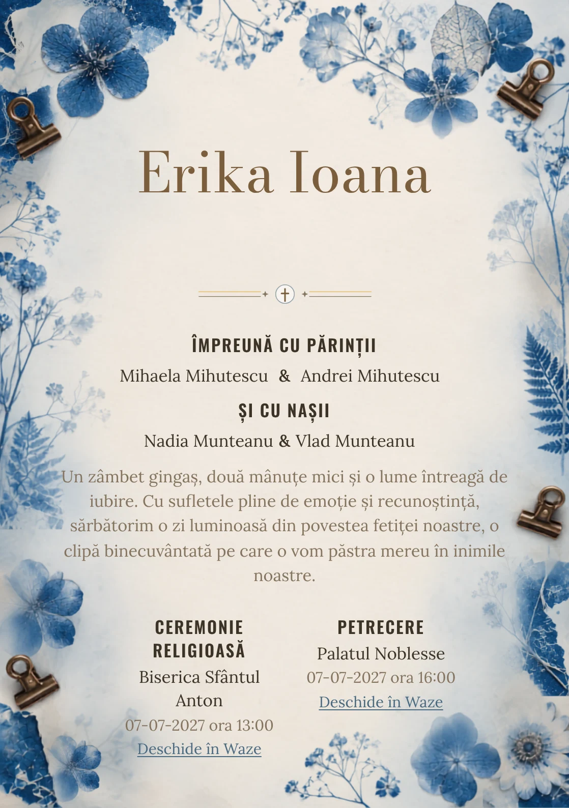 Ierbar Cianotip, din gama de invitații botez, combină un ierbar albastru realizat prin cianotip cu flori presate, cleme și fibre de hârtie, într-o imagine coerentă de botez.