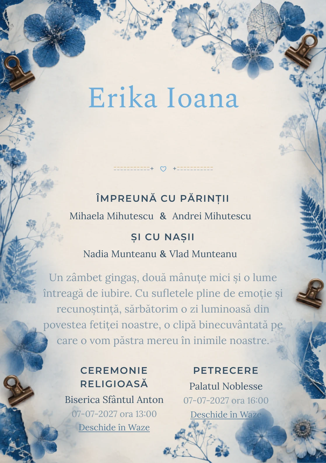 Ierbar Cianotip, din gama de invitații botez, combină un ierbar albastru realizat prin cianotip cu flori presate, cleme și fibre de hârtie, într-o imagine coerentă de botez.