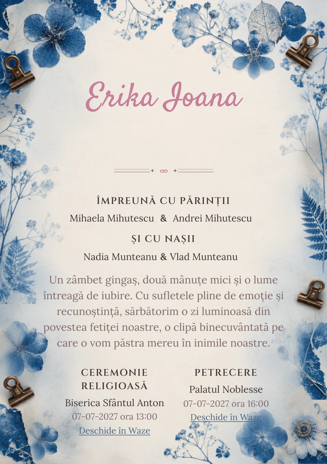 Ierbar Cianotip, din gama de invitații botez, combină un ierbar albastru realizat prin cianotip cu flori presate, cleme și fibre de hârtie, într-o imagine coerentă de botez.