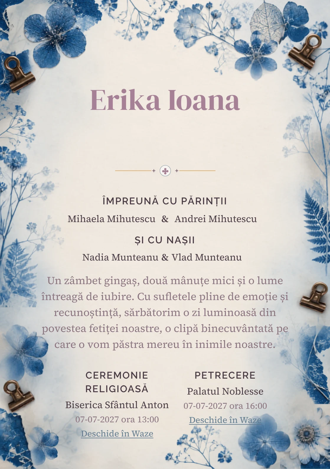 Ierbar Cianotip, din gama de invitații botez, combină un ierbar albastru realizat prin cianotip cu flori presate, cleme și fibre de hârtie, într-o imagine coerentă de botez.
