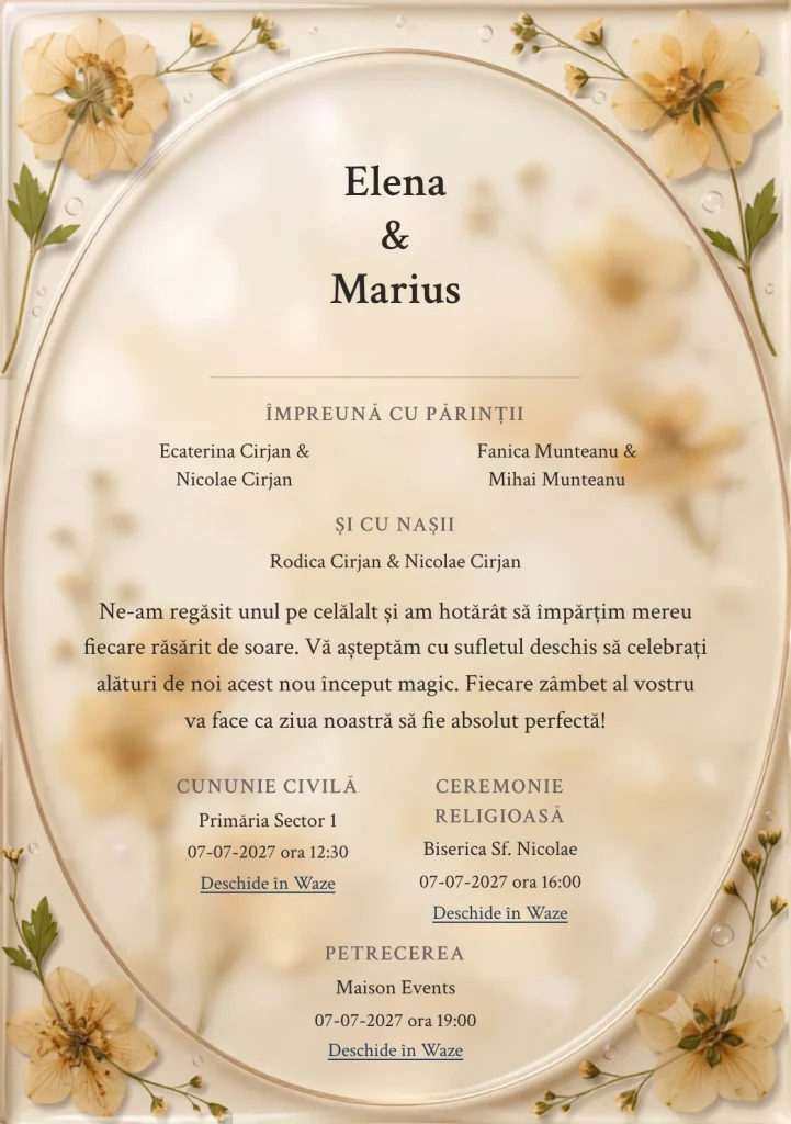 Ierbar Transparent, pentru invitații de nuntă, are ca reper vizual disc transparent cu flori presate rare, în nuanțe de chihlimbar deschis.
