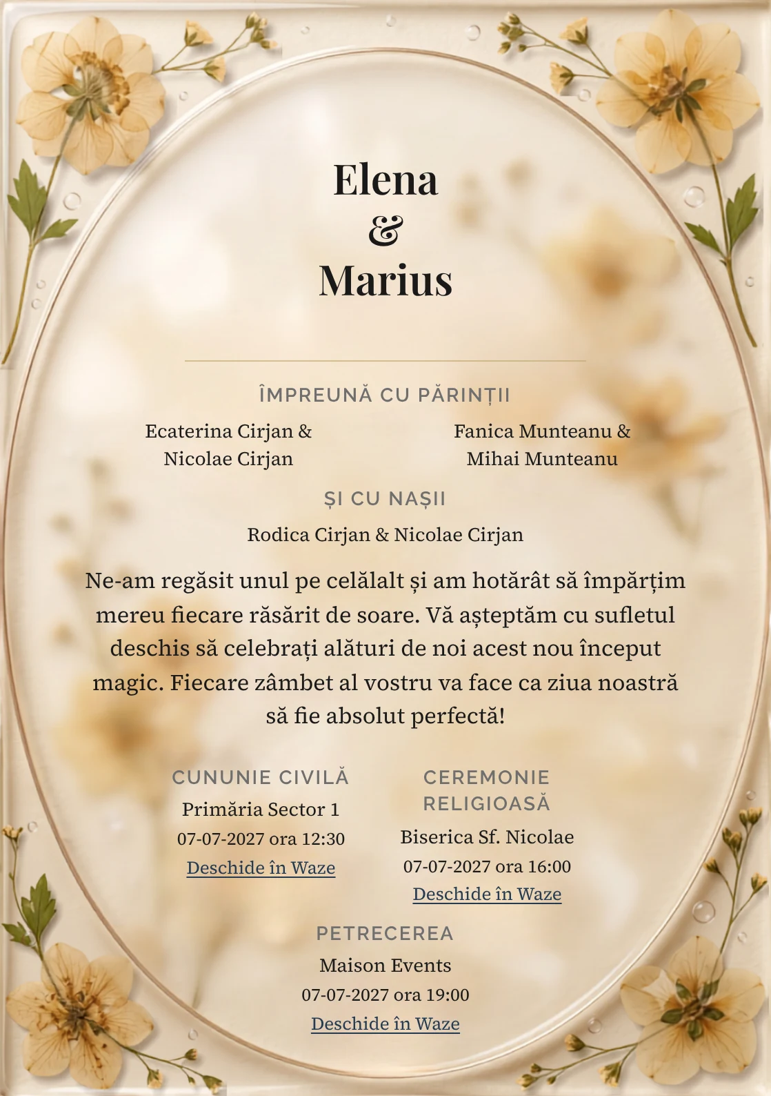 Ierbar Transparent, pentru invitații de nuntă, are ca reper vizual disc transparent cu flori presate rare, în nuanțe de chihlimbar deschis.