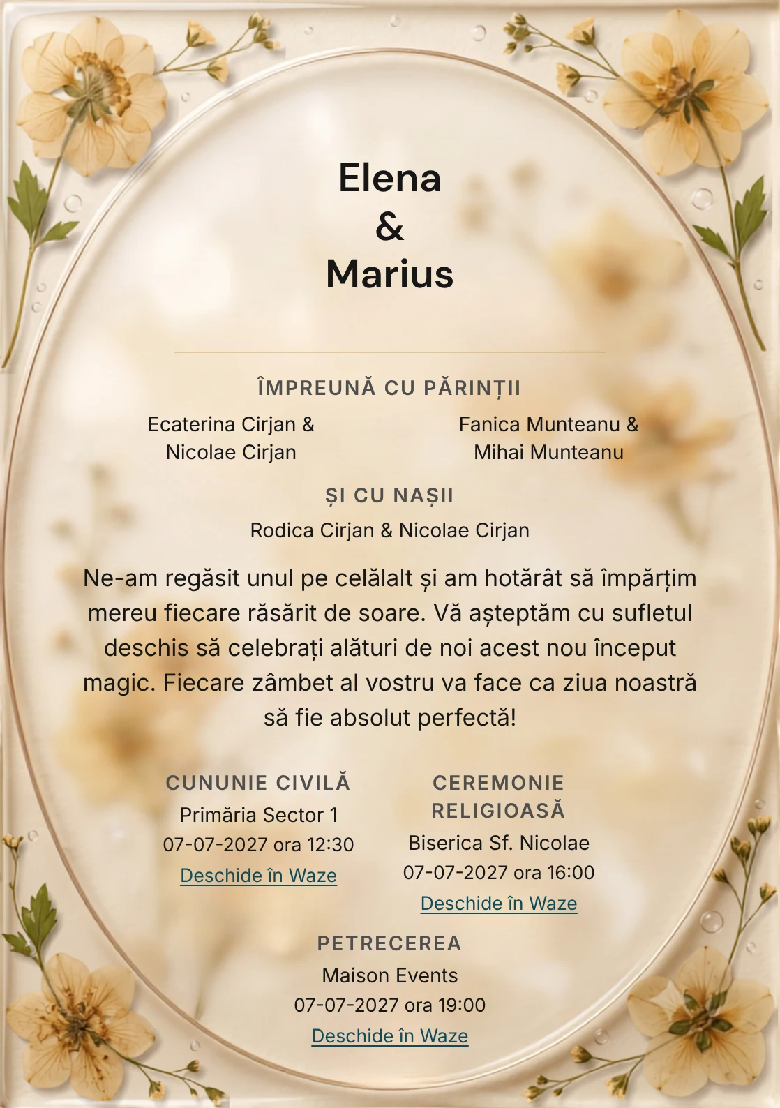 Ierbar Transparent, pentru invitații de nuntă, are ca reper vizual disc transparent cu flori presate rare, în nuanțe de chihlimbar deschis.