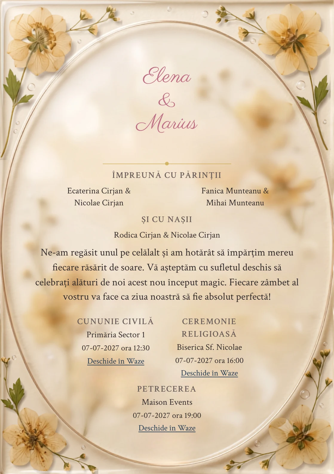 Ierbar Transparent, pentru invitații de nuntă, are ca reper vizual disc transparent cu flori presate rare, în nuanțe de chihlimbar deschis.