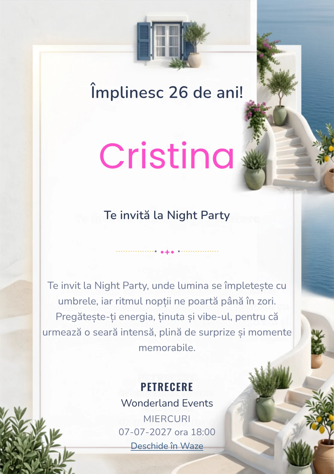 Insula Albă este un model de invitații digitale pentru o aniversare adultă, definit vizual de scări curbe și plante mediteraneene.