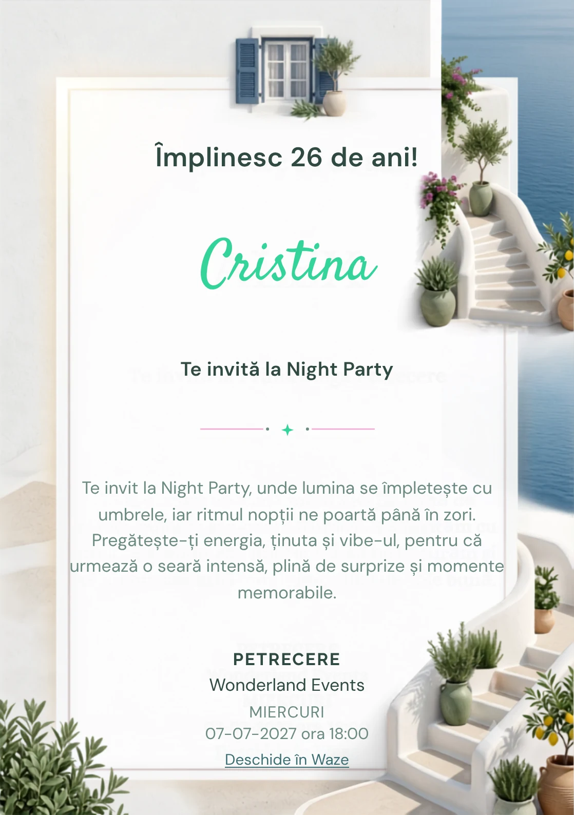 Insula Albă este un model de invitații digitale pentru o aniversare adultă, definit vizual de scări curbe și plante mediteraneene.