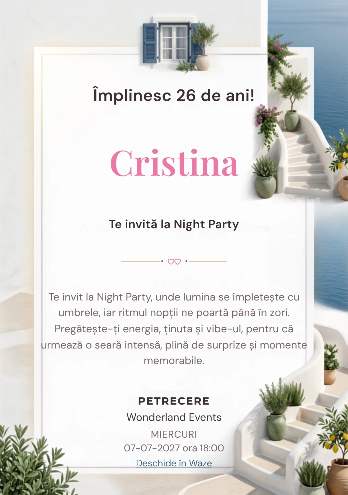 Insula Albă este un model de invitații digitale pentru o aniversare adultă, definit vizual de scări curbe și plante mediteraneene.