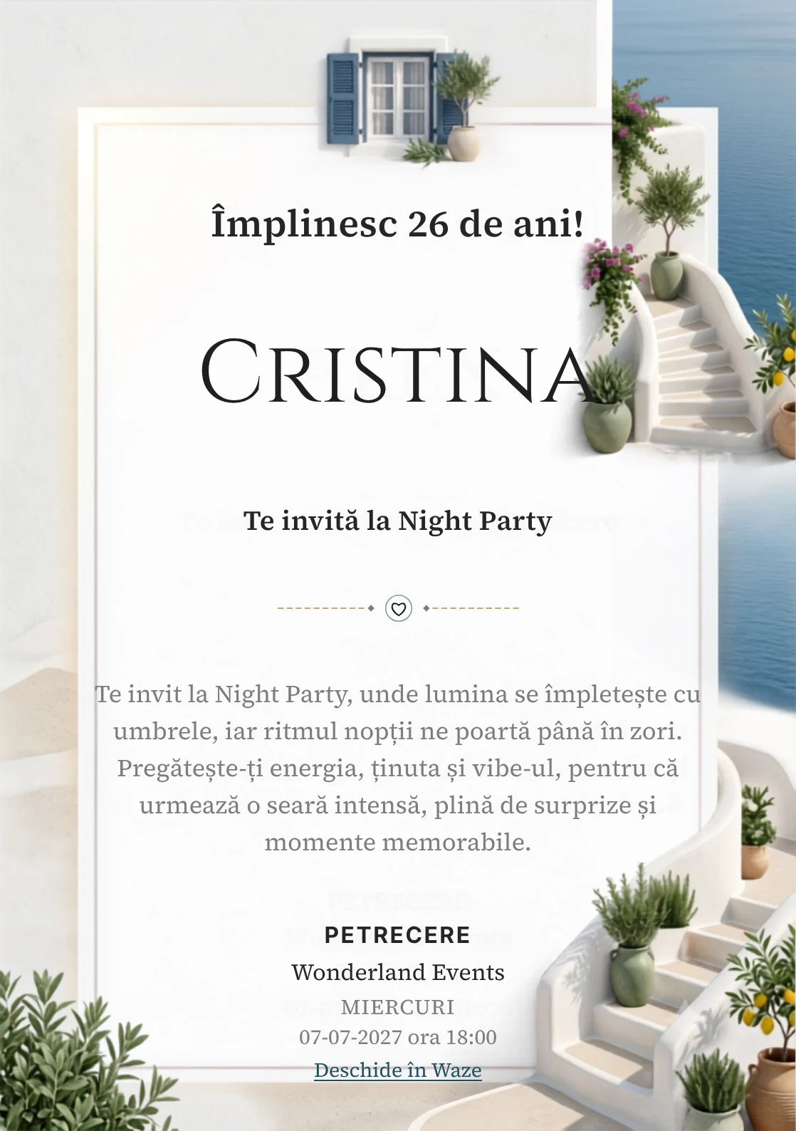 Insula Albă este un model de invitații digitale pentru o aniversare adultă, definit vizual de scări curbe și plante mediteraneene.