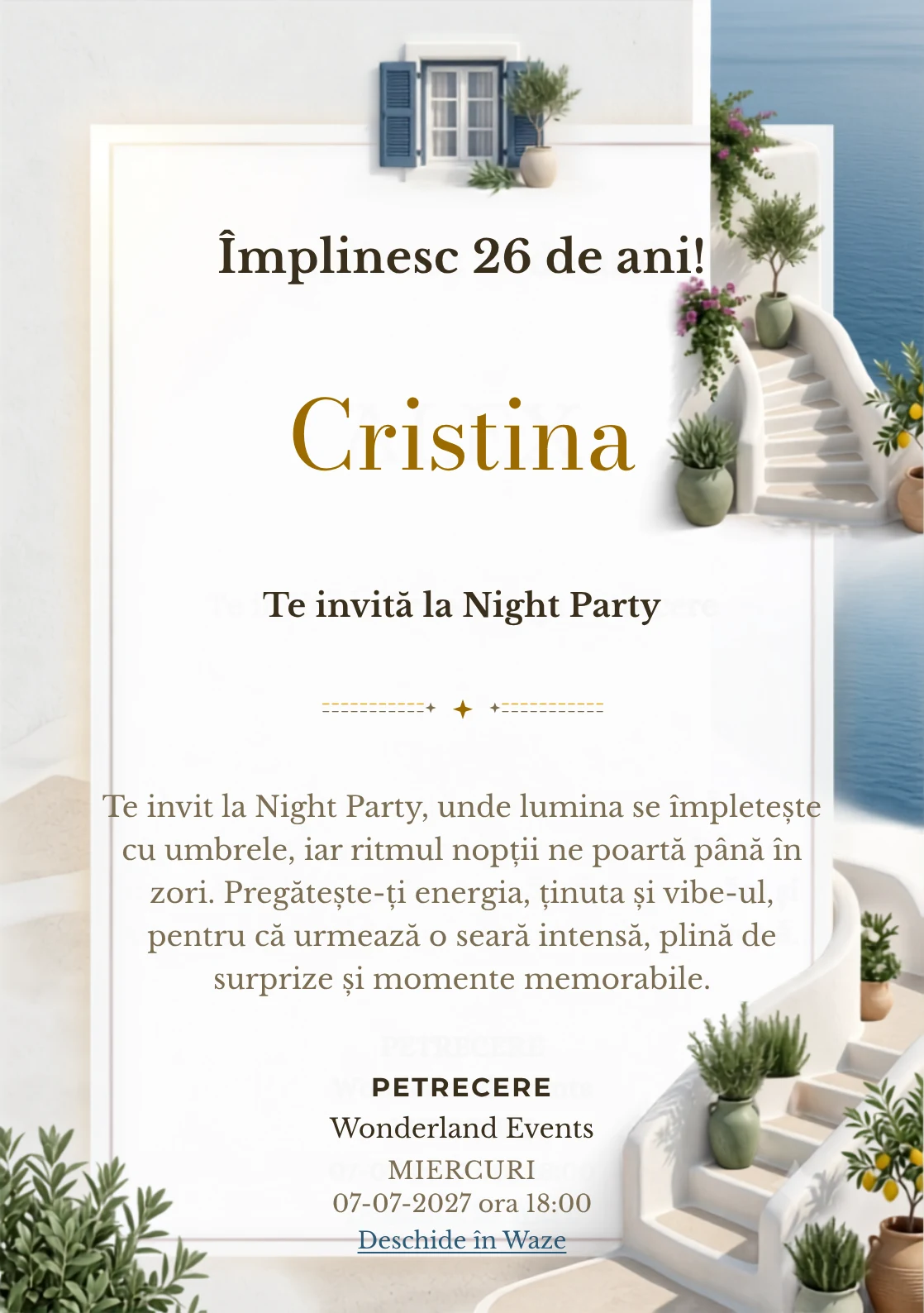Insula Albă este un model de invitații digitale pentru o aniversare adultă, definit vizual de scări curbe și plante mediteraneene.