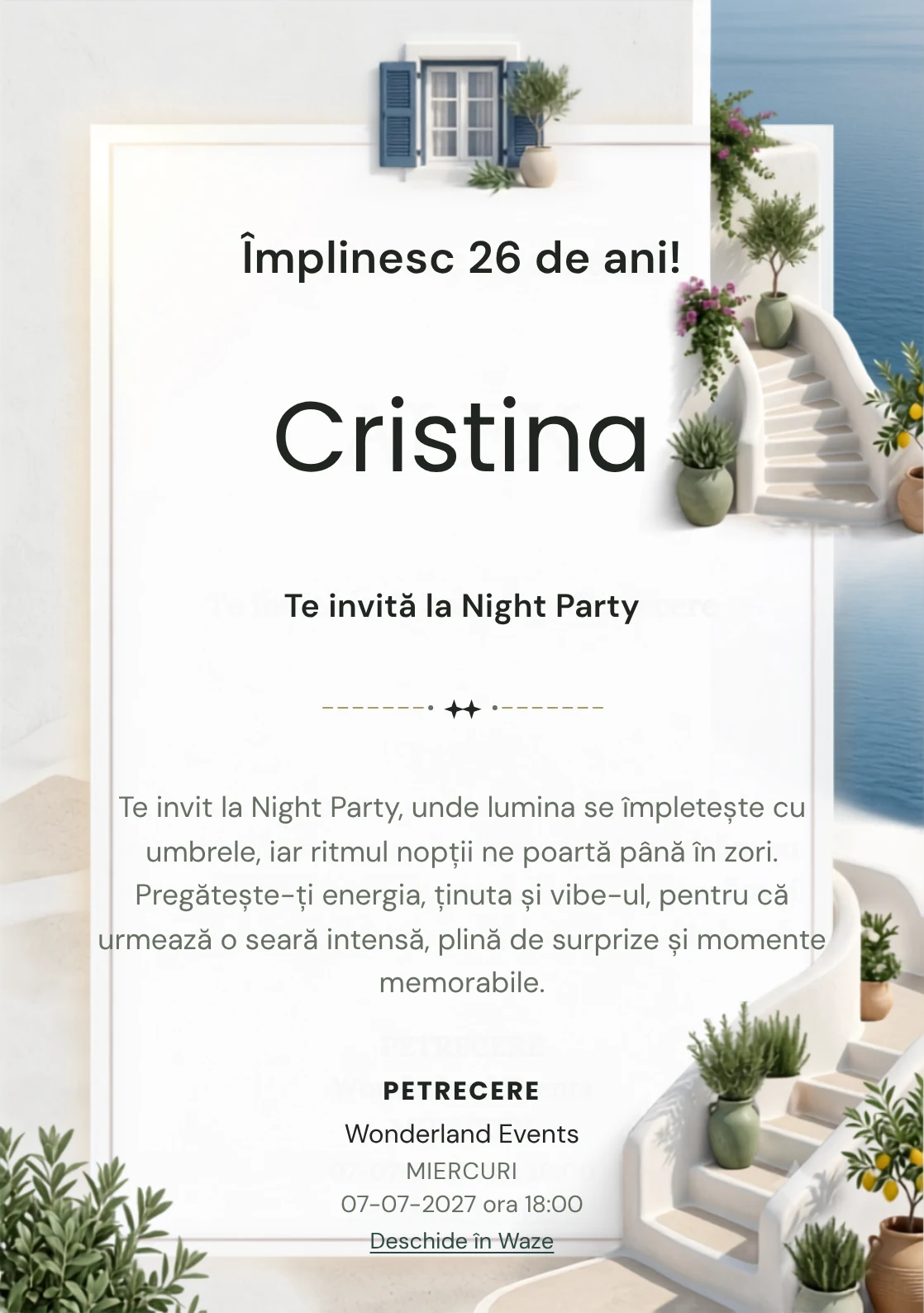 Insula Albă este un model de invitații digitale pentru o aniversare adultă, definit vizual de scări curbe și plante mediteraneene.