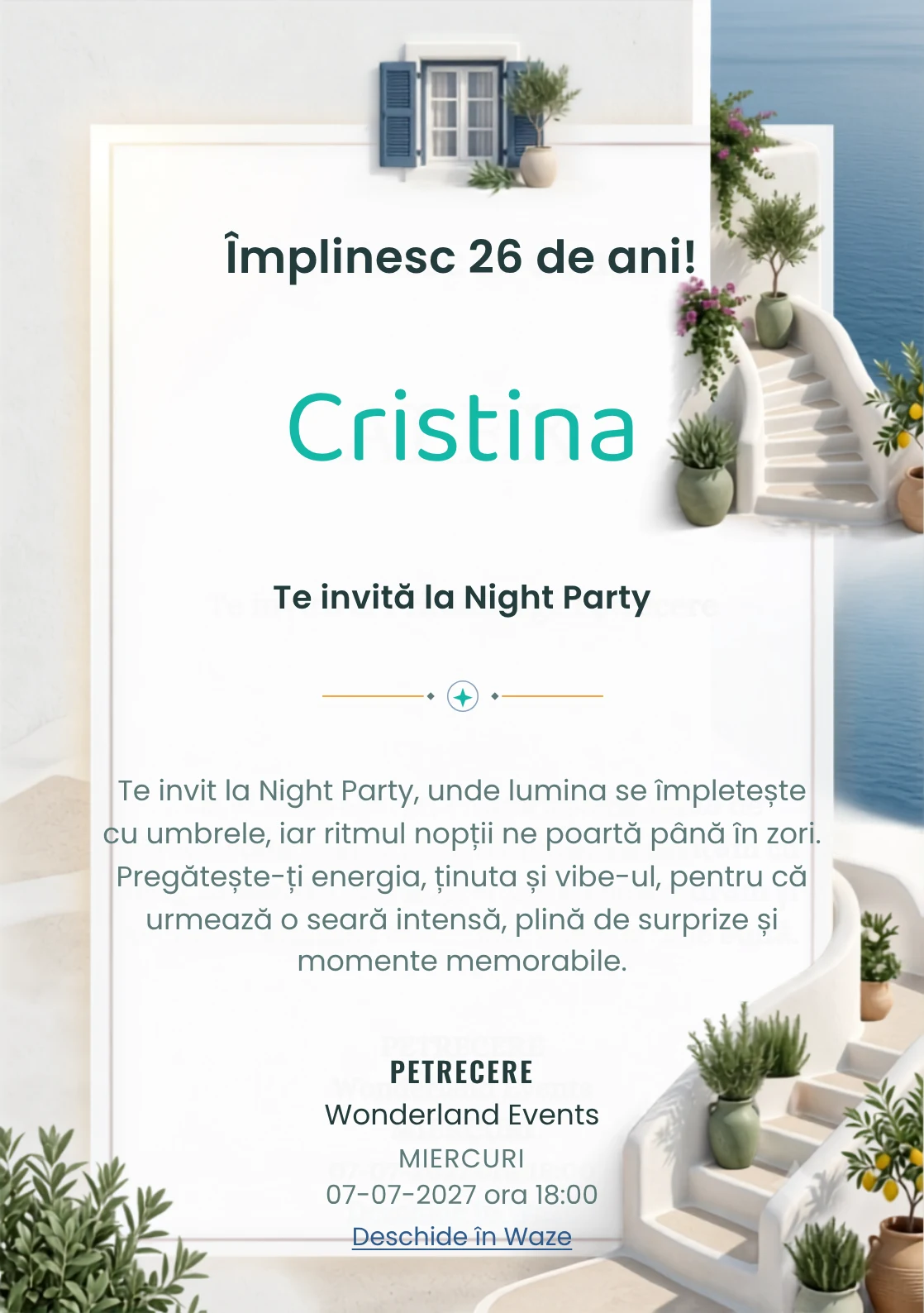 Insula Albă este un model de invitații digitale pentru o aniversare adultă, definit vizual de scări curbe și plante mediteraneene.