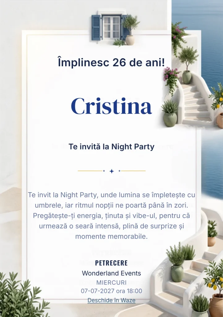 Insula Albă este un model de invitații digitale pentru o aniversare adultă, definit vizual de scări curbe și plante mediteraneene.