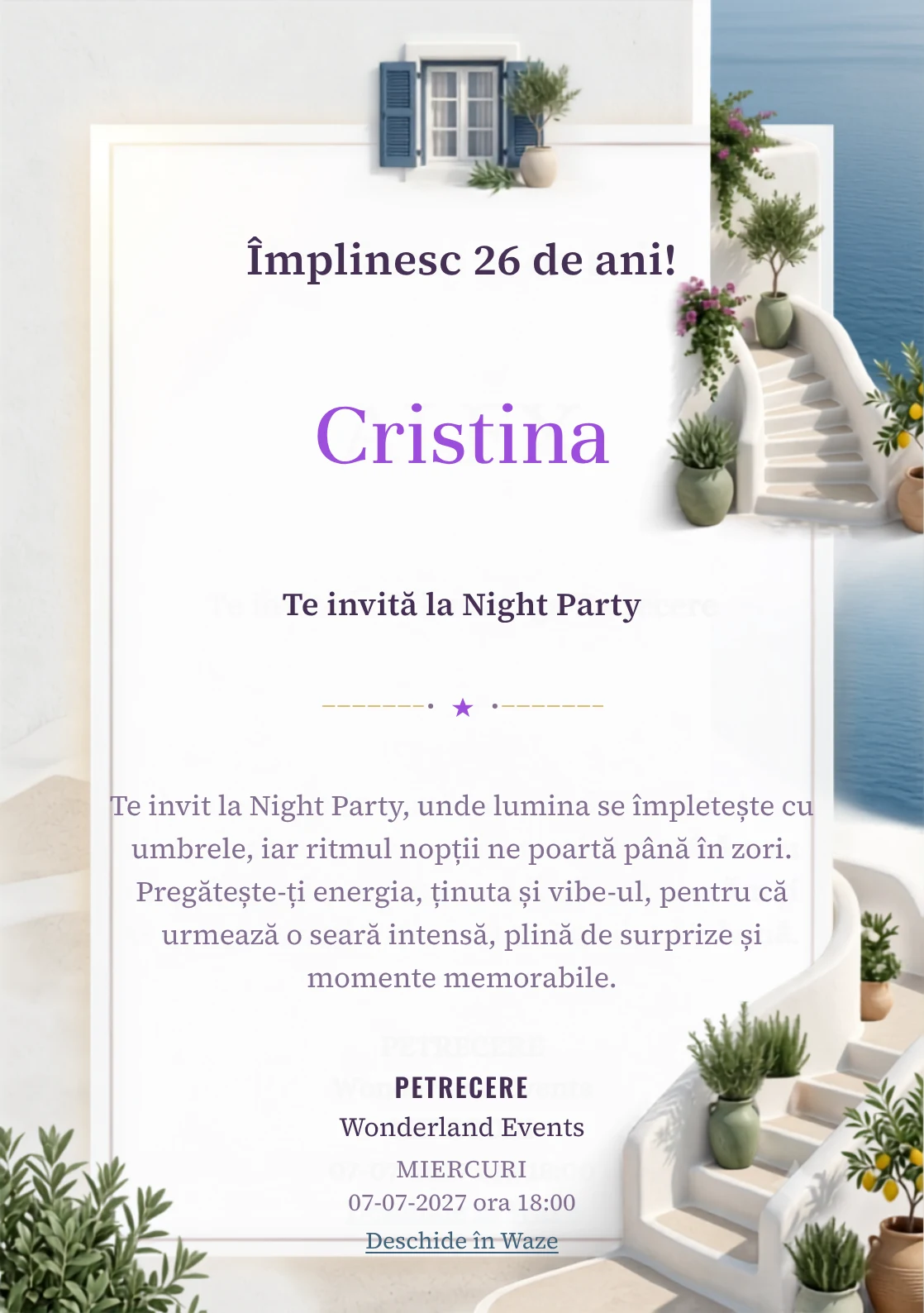 Insula Albă este un model de invitații digitale pentru o aniversare adultă, definit vizual de scări curbe și plante mediteraneene.