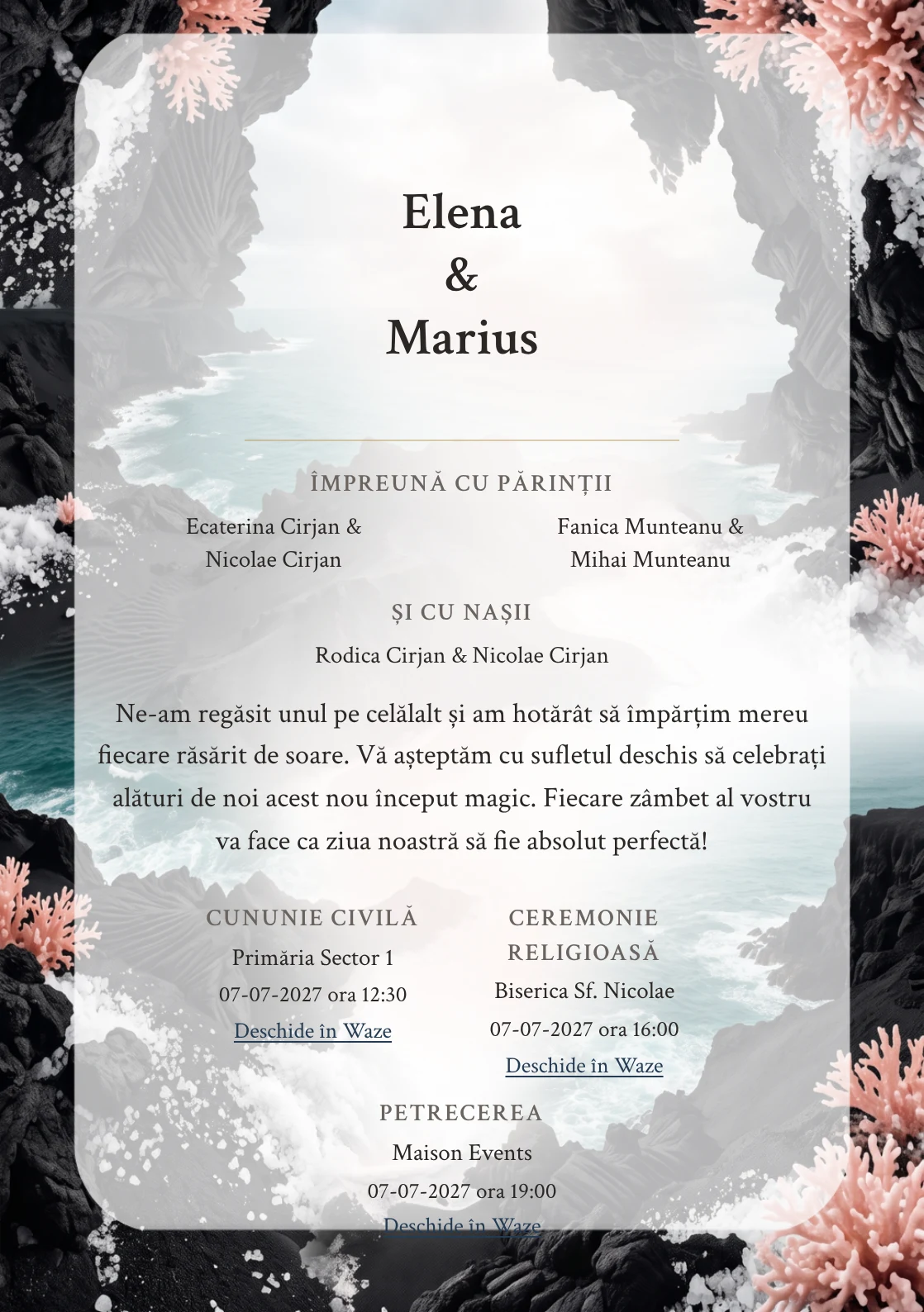 Imaginea Insula de Lavă, pentru invitații de nuntă, este definită de relief vulcanic negru cu mare verde și tonuri de negru lavă mat, alb sare vulcanică și verde ocean.