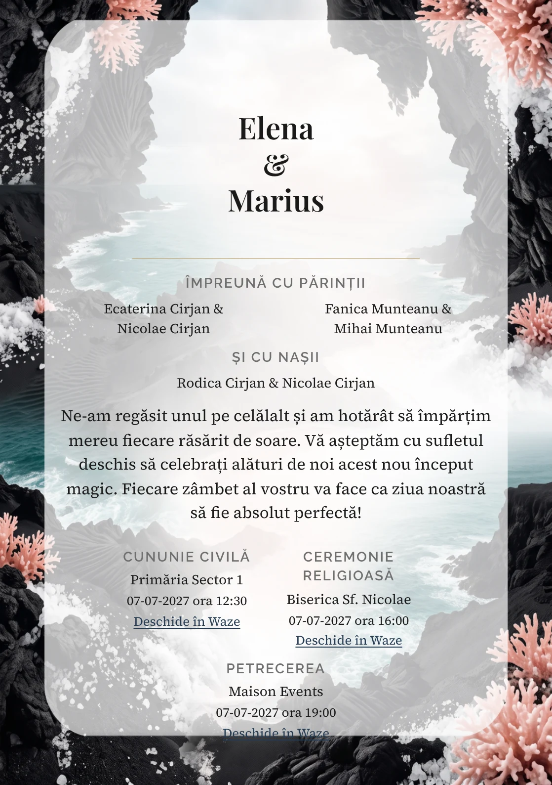 Imaginea Insula de Lavă, pentru invitații de nuntă, este definită de relief vulcanic negru cu mare verde și tonuri de negru lavă mat, alb sare vulcanică și verde ocean.