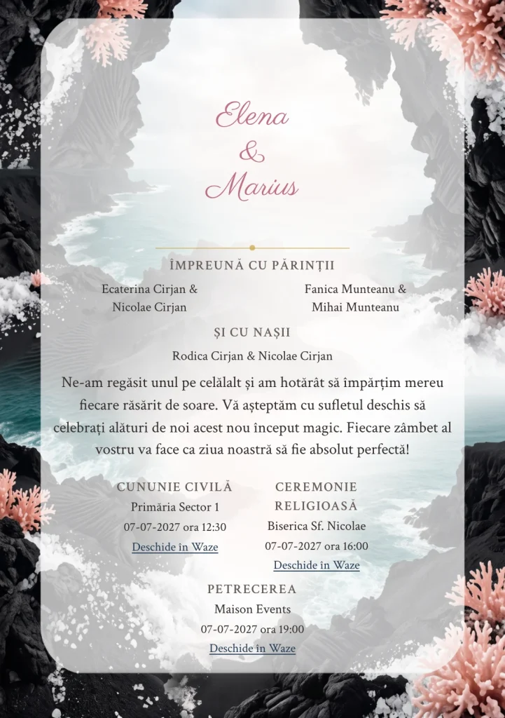 Imaginea Insula de Lavă, pentru invitații de nuntă, este definită de relief vulcanic negru cu mare verde și tonuri de negru lavă mat, alb sare vulcanică și verde ocean.