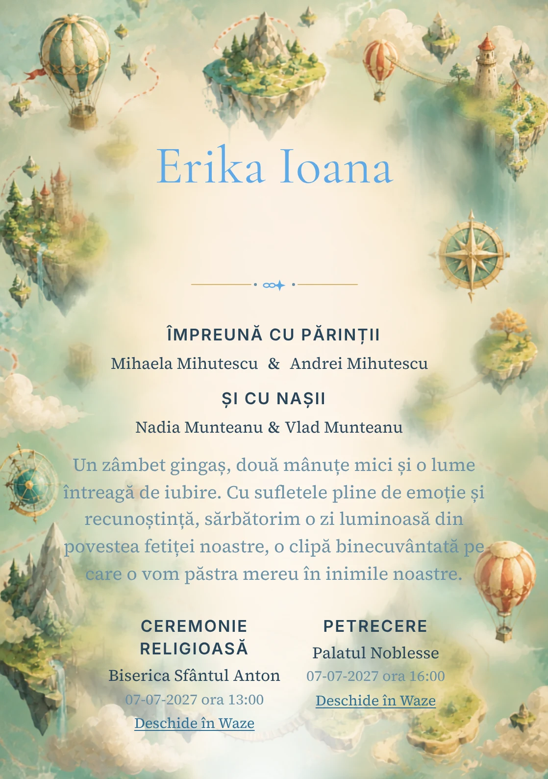 Compoziția Insule Plutitoare, din gama de invitații botez, pune accent pe o hartă ilustrată cu insule plutitoare și trasee și include poduri, baloane și forme de busolă.