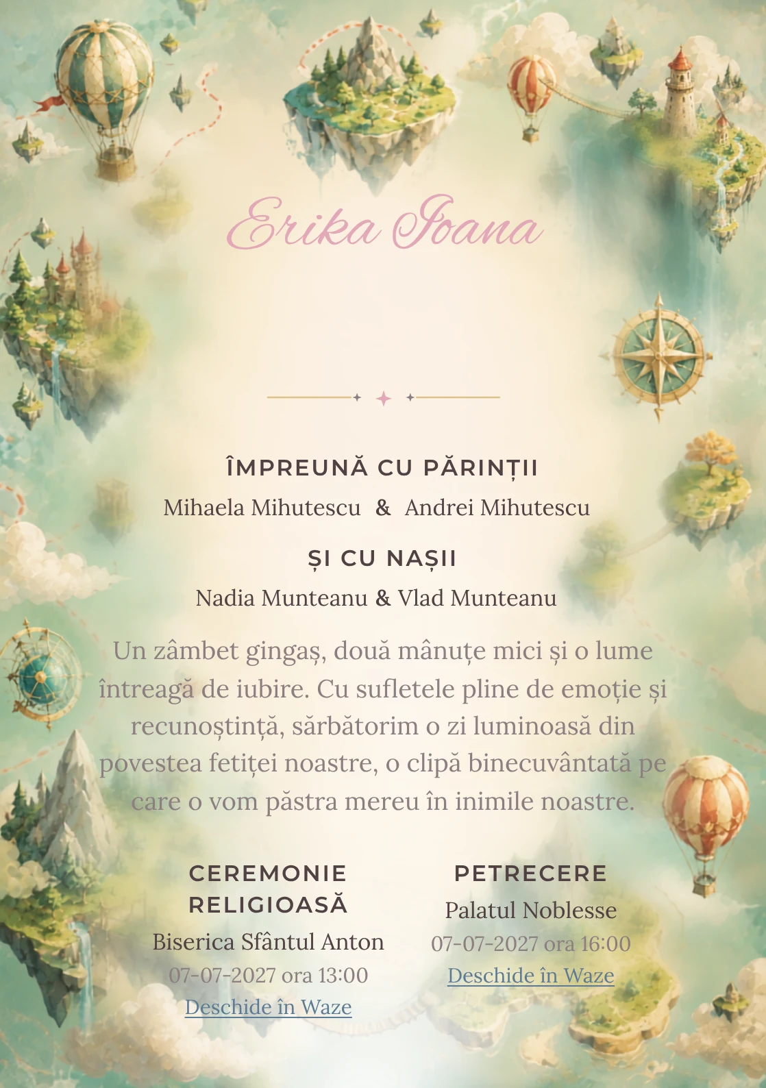 Compoziția Insule Plutitoare, din gama de invitații botez, pune accent pe o hartă ilustrată cu insule plutitoare și trasee și include poduri, baloane și forme de busolă.